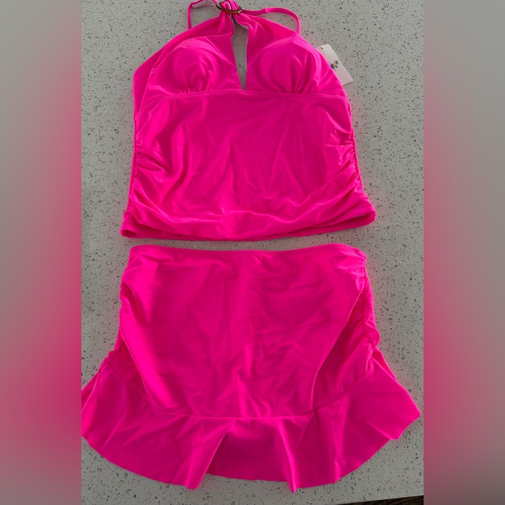 Beachsissi Hot Pink 2 pc Swimsuit (halter style top & swim skirt) NWT